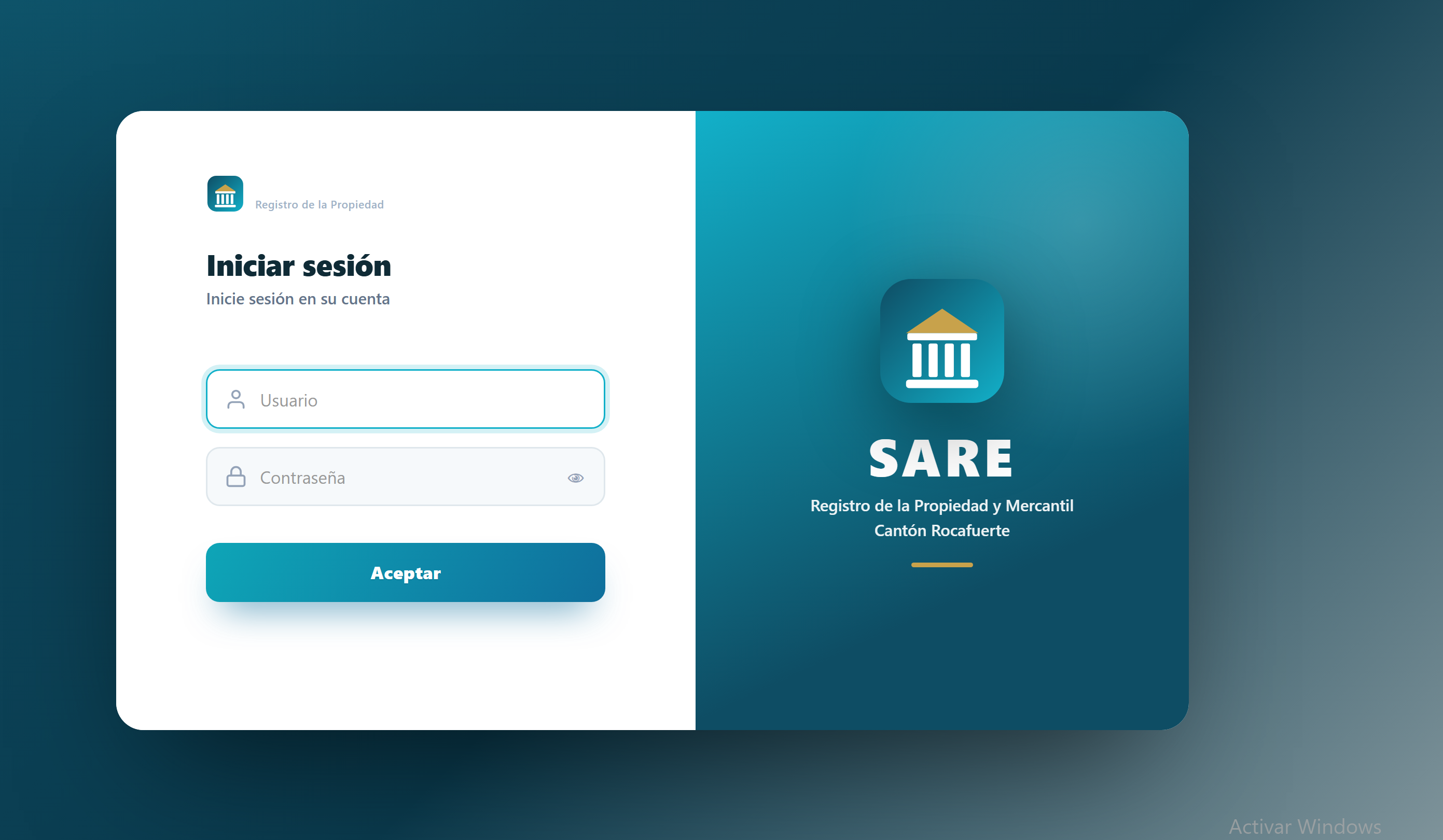 Pantalla de inicio de sesión de SARE